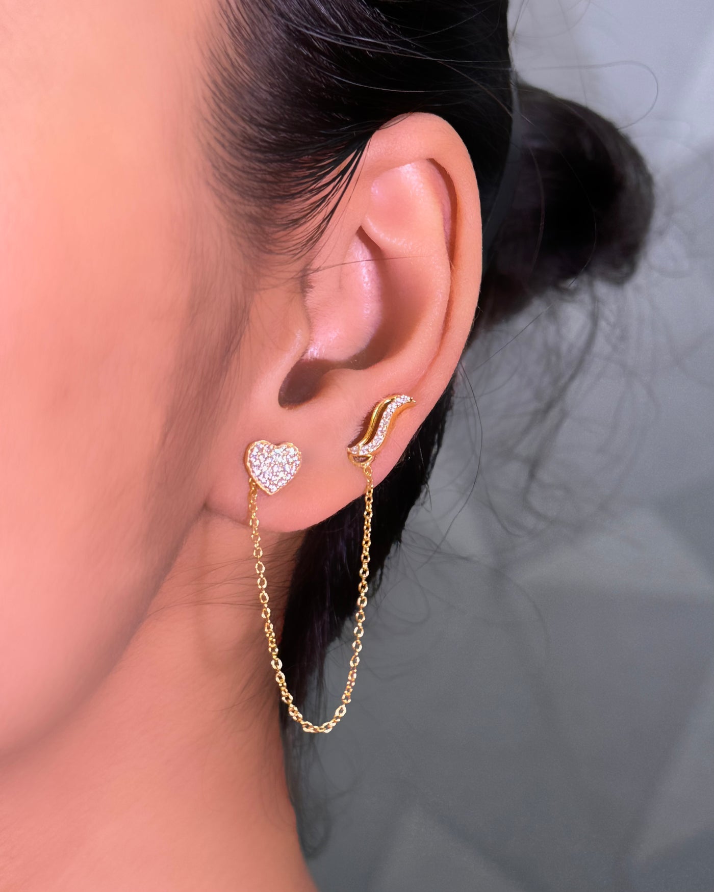 heart fall double piercing earring