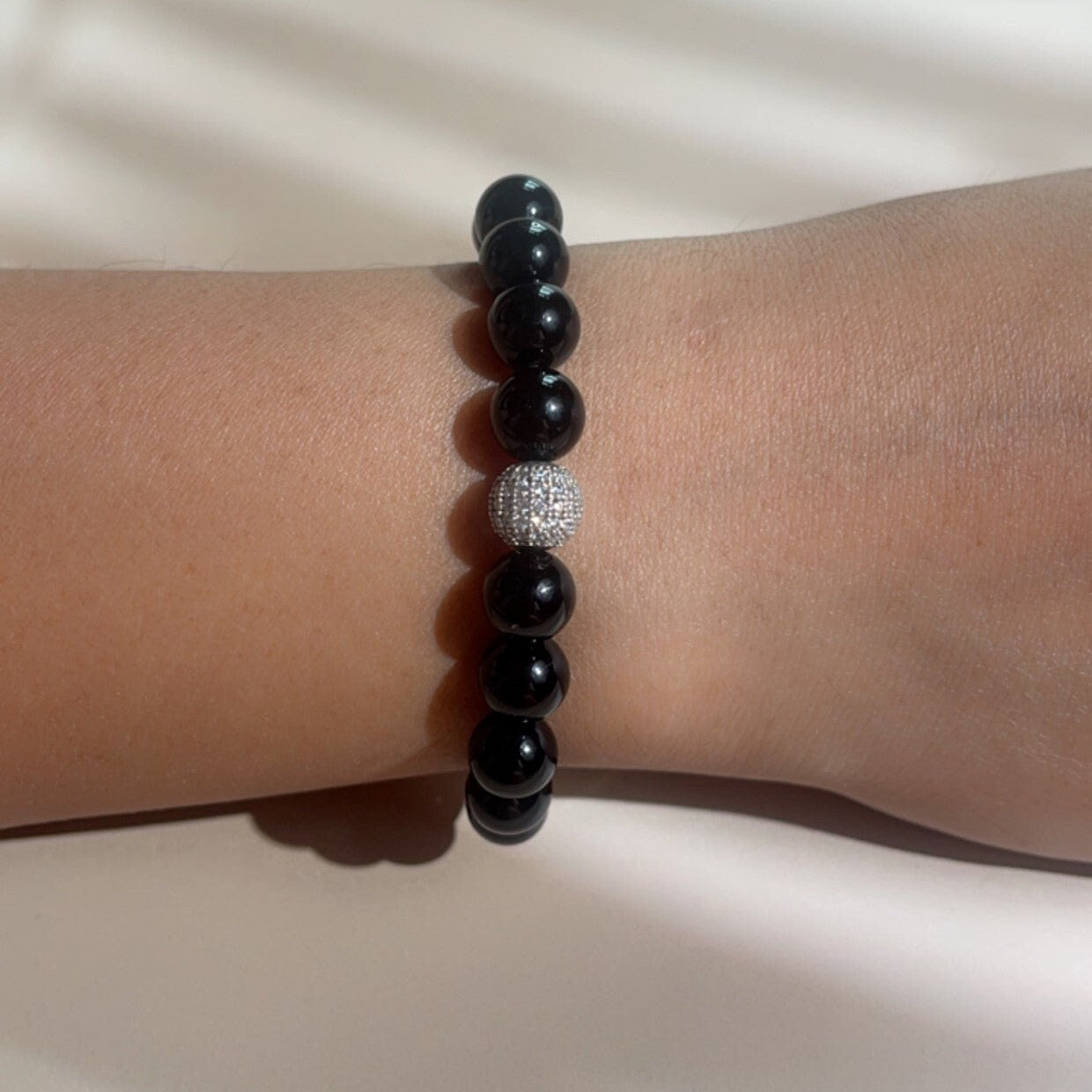 Black Tourmaline with Diamond Silver Bracelet