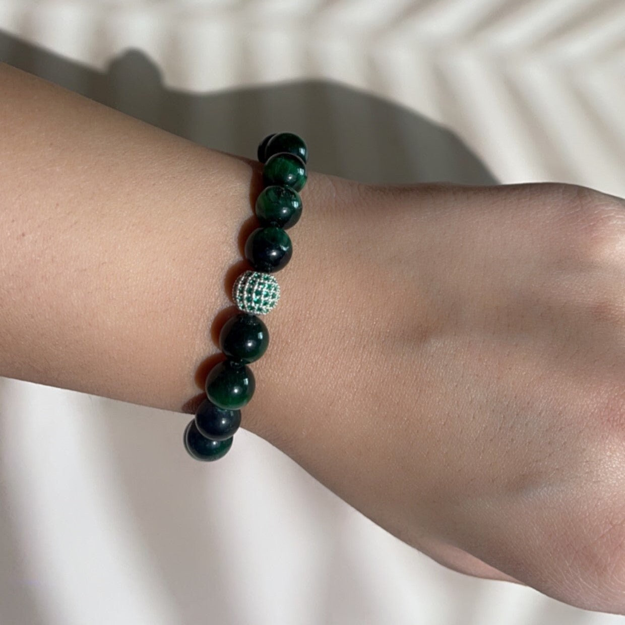 Green Jade Bead with Tsavorite Silver Bracelet