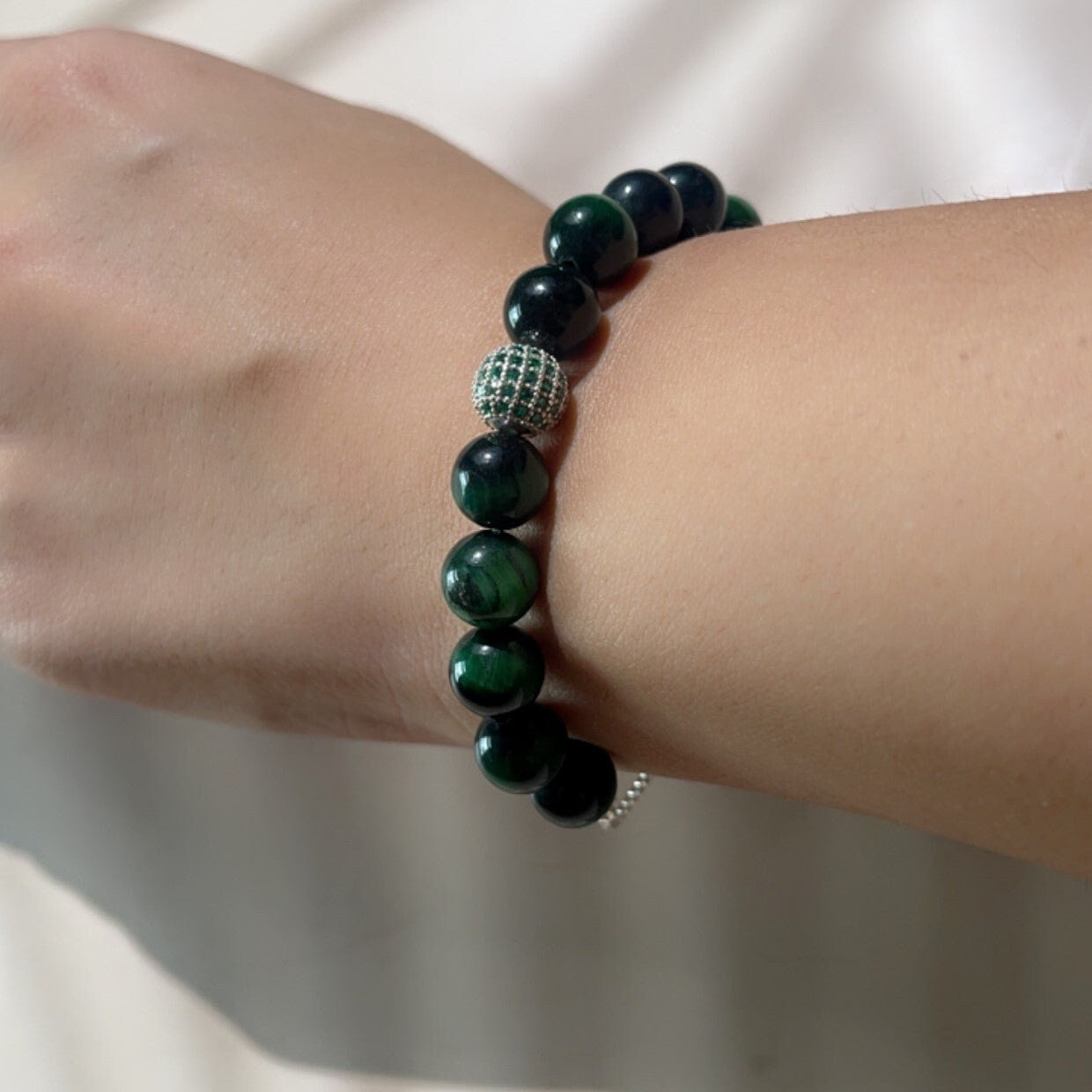 Green Jade Bead with Tsavorite Silver Bracelet