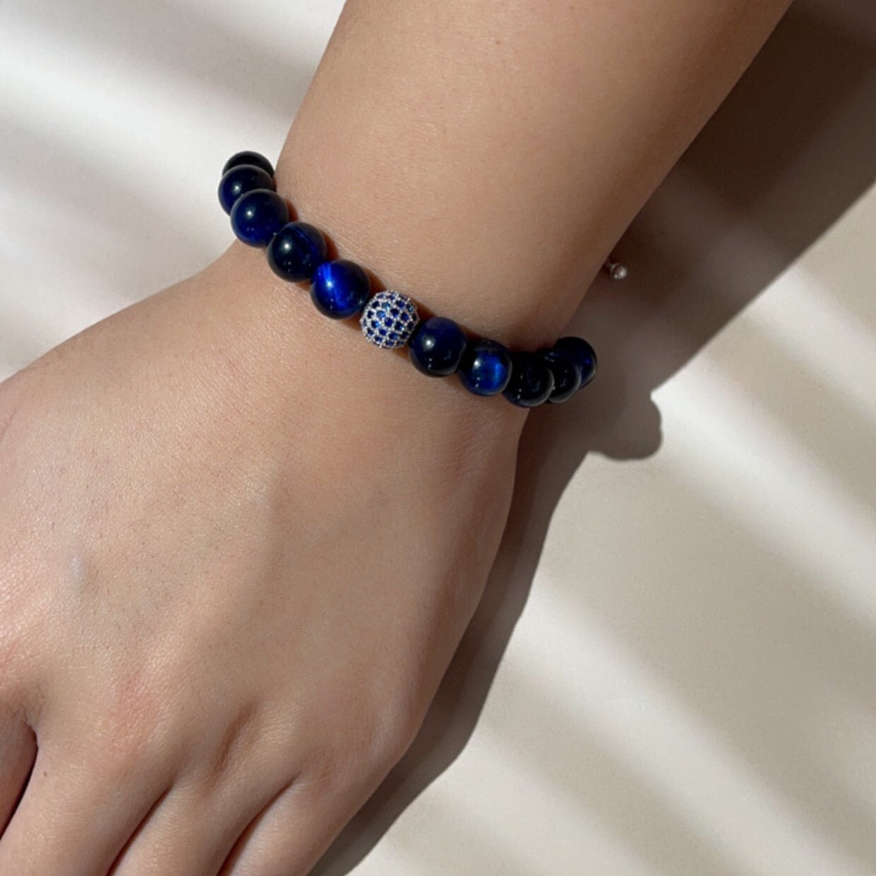 Blue Tiger Eye with Blue Diamonds Silver Bracelet