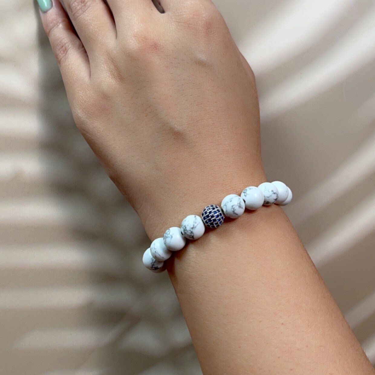 Howlite Beads with Blue Diamond Silver Bracelet