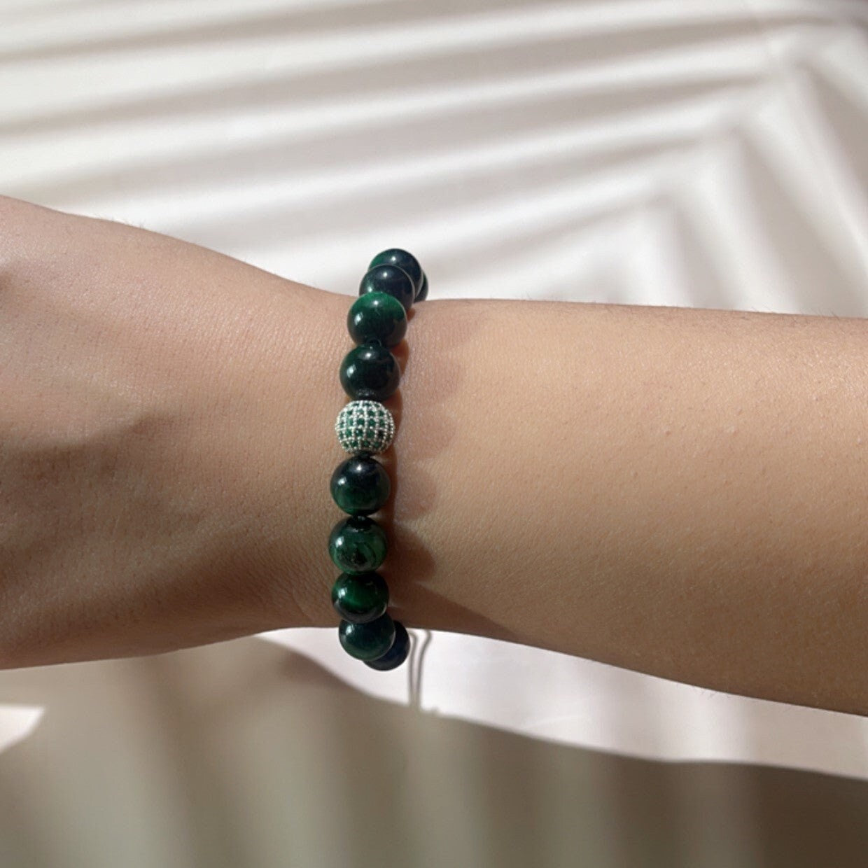 Green Jade Bead with Tsavorite Silver Bracelet