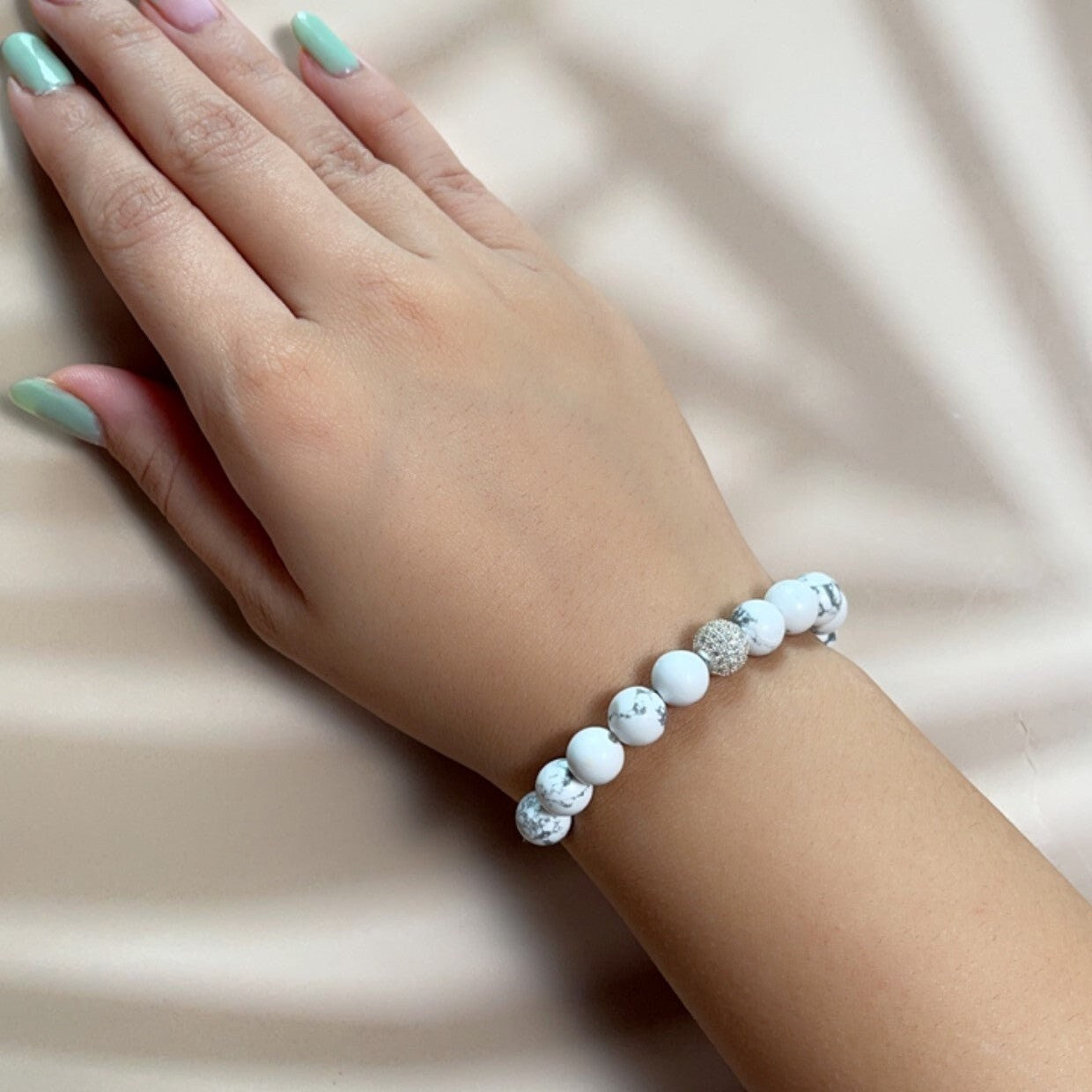 Howlite Beads with Diamond Silver Bracelet