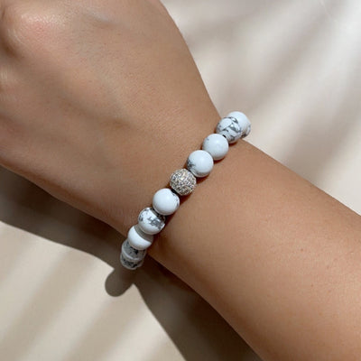 Howlite Beads with Diamond Silver Bracelet