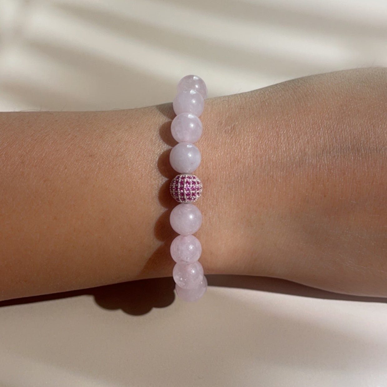 Rose Quartz with Pink Diamond Bead Silver Bracelet