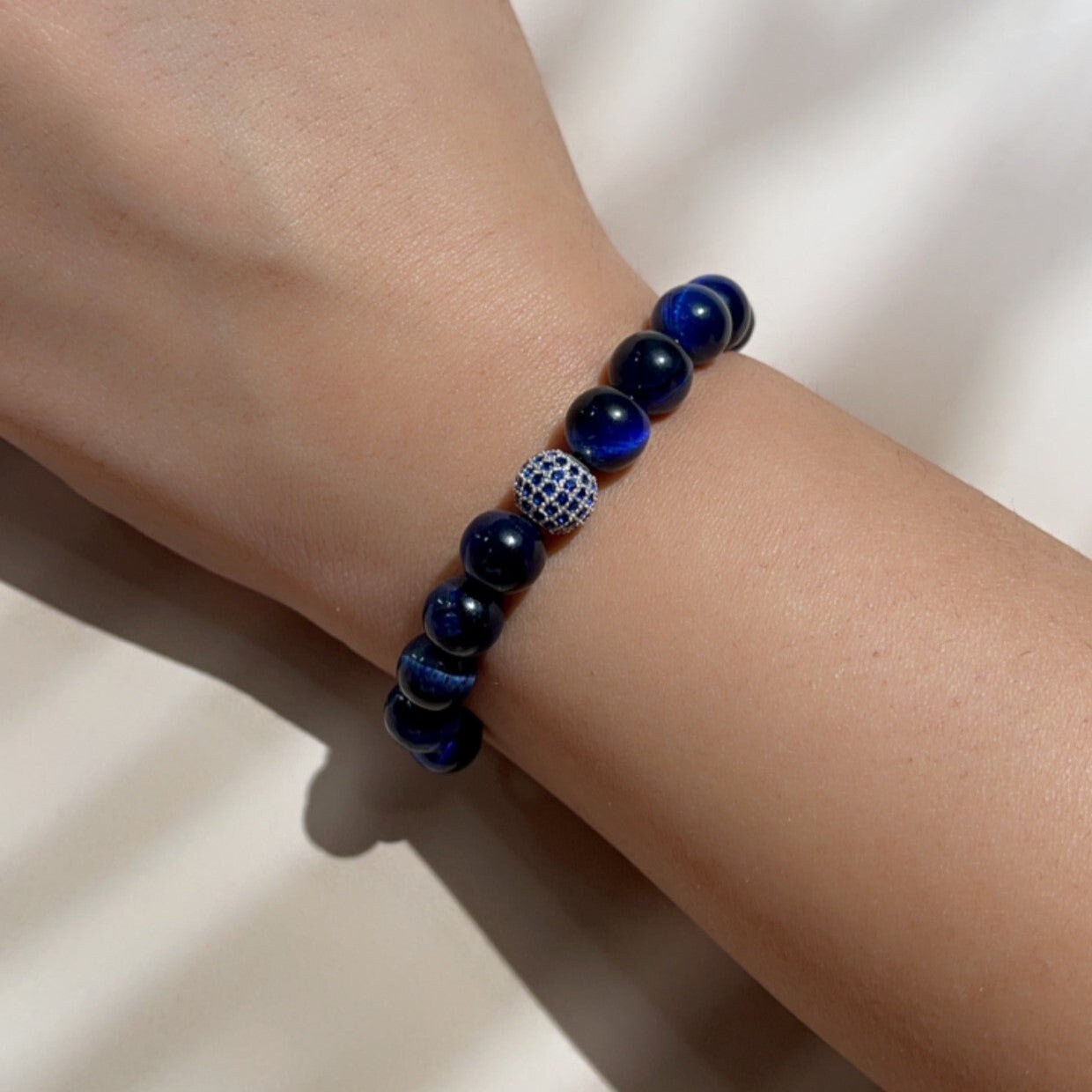 Blue Tiger Eye with Blue Diamonds Silver Bracelet